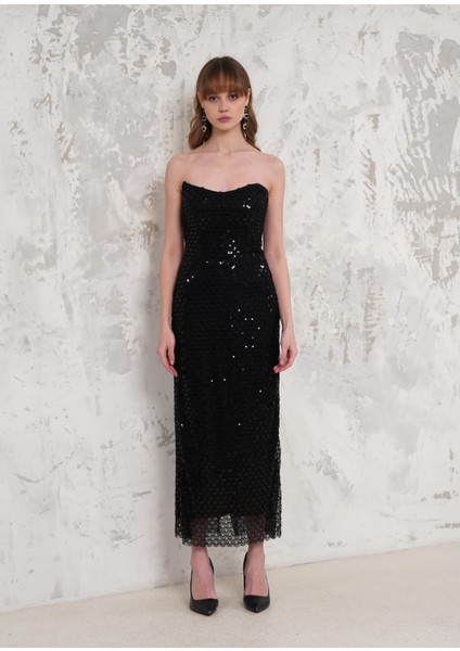 Boncuk Işlemeli Straplez Siyah Abiye Elbise