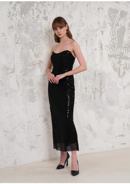 Boncuk Işlemeli Straplez Siyah Abiye Elbise fiyatları