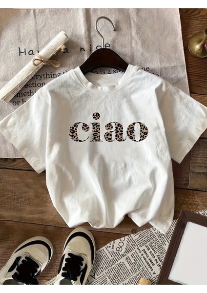 Ciao Baskılı Leopar Desenli Kadın T-Shirt