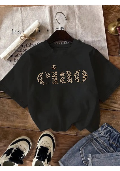 Ciao Baskılı Leopar Desenli Kadın T-Shirt