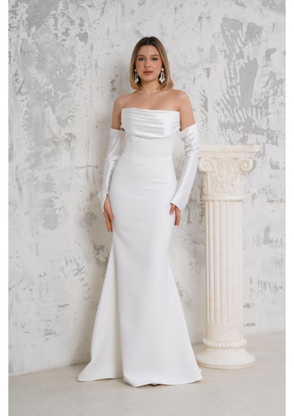 Eldivenli Straplez Beyaz Uzun Abiye