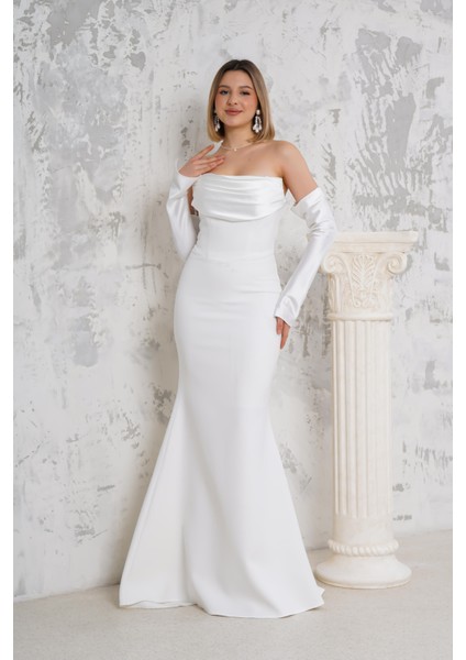 Eldivenli Straplez Beyaz Uzun Abiye fiyatları