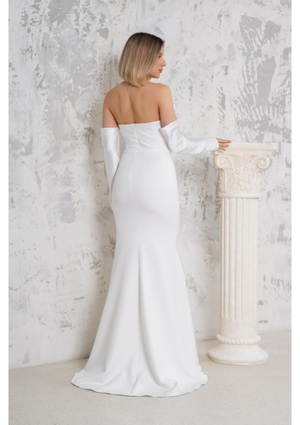 Eldivenli Straplez Beyaz Uzun Abiye modelleri