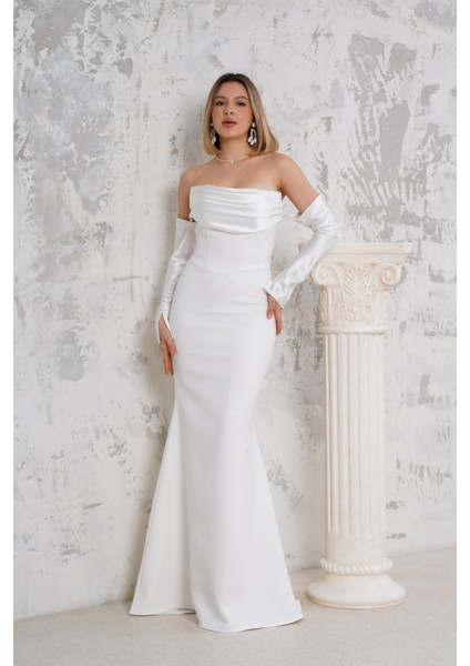 Eldivenli Straplez Beyaz Uzun Abiye fırsatları