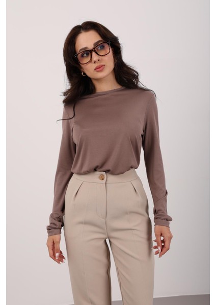 Kadın Vizon Bisiklet Yaka Uzun Kol Body