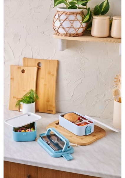 Puga 2 Katlı Bölmeli Kapaklı Çelik Lunch Box / Yemek Taşıma / Saklama Kutusu Mavi