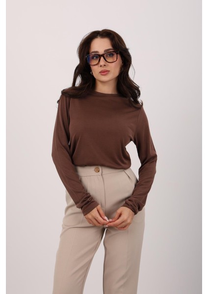 Kadın Kahverengi Bisiklet Yaka Uzun Kol Body