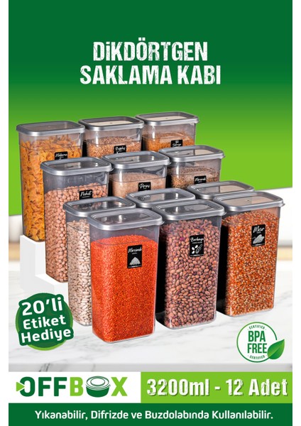 12 Adet 24 Parça 3,2 Litre Mega Boy Dikdörtgen Erzak Bakliyat Saklama Kabı 20 Etiket Hediyeli