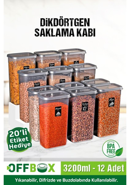 12 Adet 24 Parça 3,2 Litre Mega Boy Dikdörtgen Erzak Bakliyat Saklama Kabı 20 Etiket Hediyeli