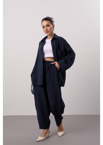 Kadın Lacivert Modal Oversize Gömlek Pantolon Takım