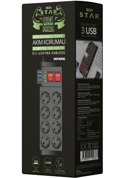Ironstar 2mt 3xusb 8li Termal Akım Korumalı Priz 16A 4000W modelleri