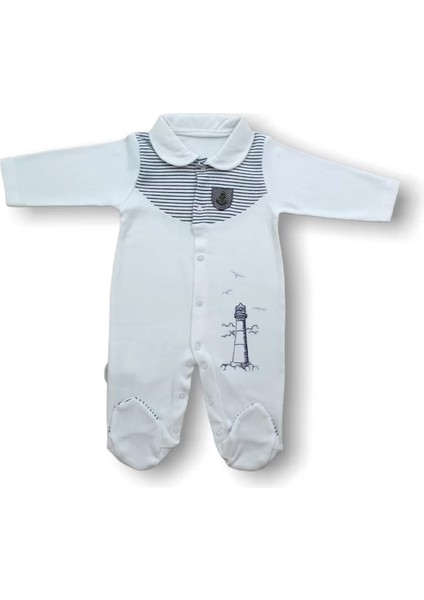 3-6 6-9 Ay Deniz Feneri Nakışlı Patikli Uzun Kollu Erkek Çocuk Tulumu