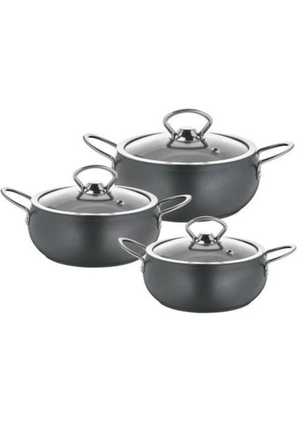 6 Parça Granit Mini Küre Tencere Seti, Antrasit, 12/14/16 cm, dayanıklı ve şık mutfak seti