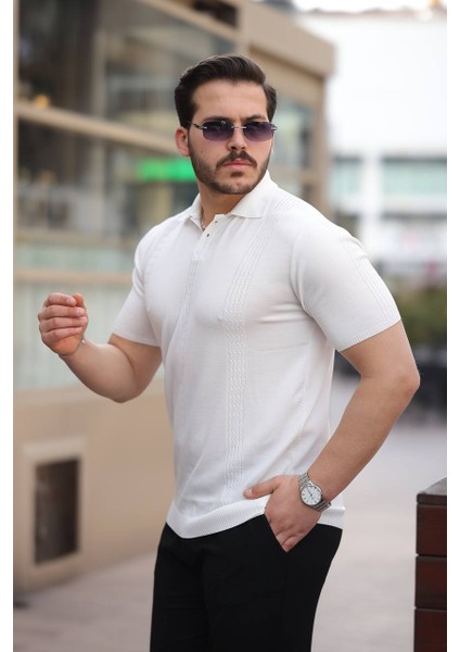 Erkek Polo Yaka Saç Örgü Polyemid T-Shirt Triko Terletme Yapmaz