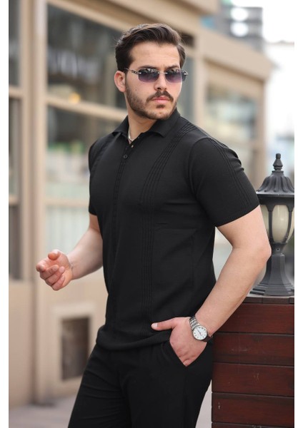 Erkek Polo Yaka Saç Örgü Polyemid T-Shirt Triko Terletme Yapmaz