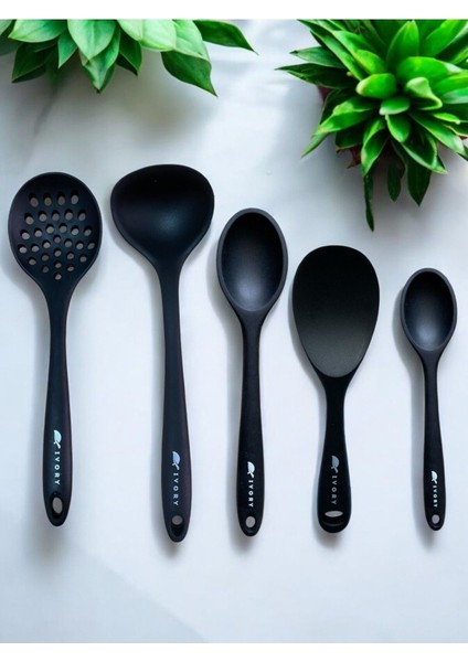 Isıya Dayanıklı Silikon Seti 5 Parça, Kepçe ve Kaşık, Siyah, 20-28cm