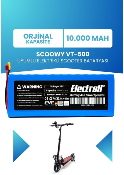 Scoowy VT-500 Scooter Batarya (ORJİNAL KAPASİTE) 48V 10.000mAh Batarya Elektrikli Scooter Bataryası Değişimi
