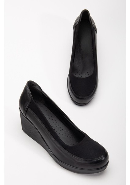 Kadın Dolgu Topuk Ayakkabı Siyah Streç Ortopedik