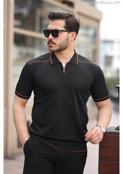 Erkek Çizgi Detaylı Fermuarlı Polyemid Triko T-Shirt Terletme Yapmaz Likralı