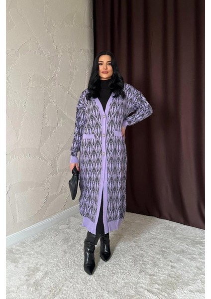 Lila Düğmeli Triko Hırka