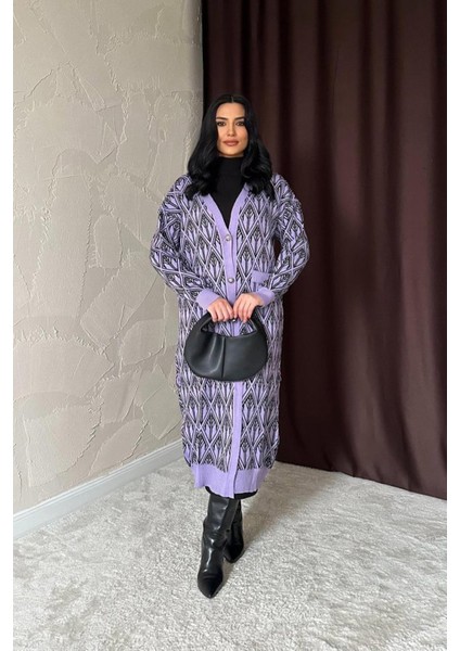 Lila Düğmeli Triko Hırka