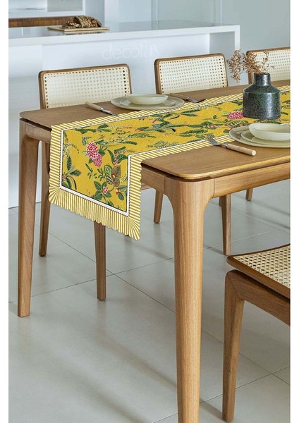 Sarı Zemin Botanik Çiçekler Tasarımlı Lazer Kesim Runner 48X135CM