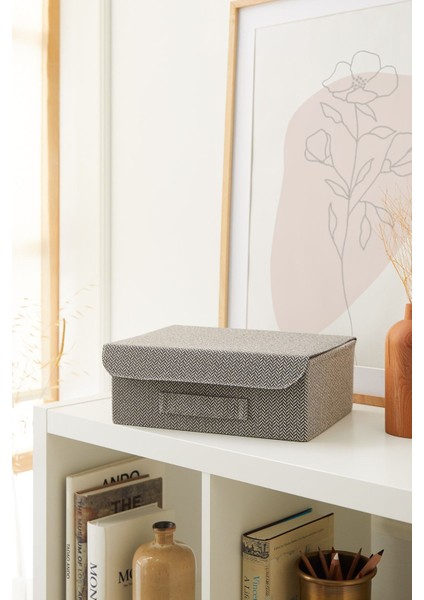 Antrasit Dokulu Kapaklı Dolap Çekmece Içi Takı Çamaşır Katlanır Saklama Kutusu Organizer 30 x 23 x 11