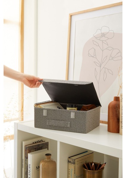 Antrasit Dokulu Kapaklı Dolap Çekmece Içi Takı Çamaşır Katlanır Saklama Kutusu Organizer 30 x 23 x 11