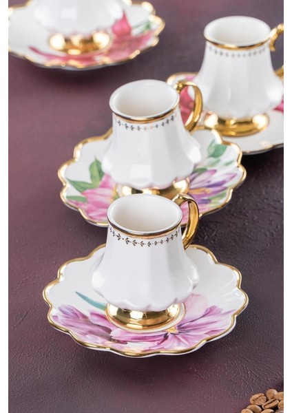 Sofiya Çiçek Desen Gold Yaldız 6 Kişilik 90 ml Porselen Kahve Fincanı Takımı 0208