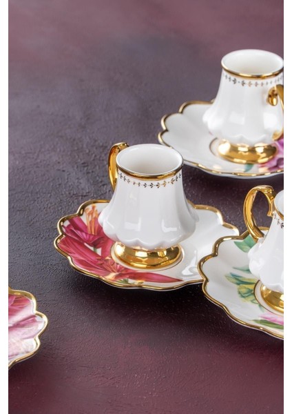 Sofiya Çiçek Desen Gold Yaldız 6 Kişilik 90 ml Porselen Kahve Fincanı Takımı 0208