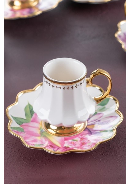 Sofiya Çiçek Desen Gold Yaldız 6 Kişilik 90 ml Porselen Kahve Fincanı Takımı 0208