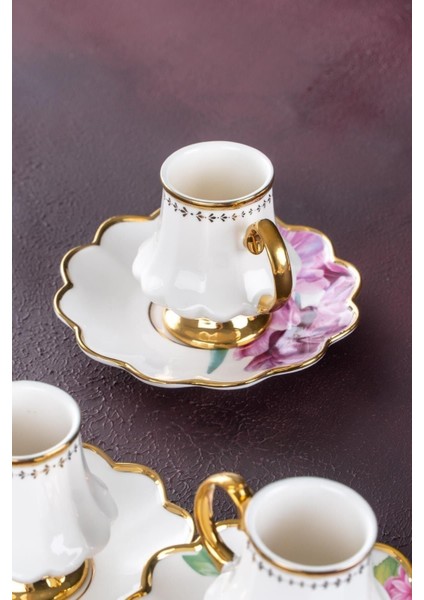 Sofiya Çiçek Desen Gold Yaldız 6 Kişilik 90 ml Porselen Kahve Fincanı Takımı 0208