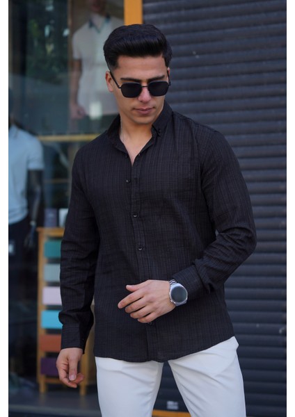 Erkek Slim Düğmeli %100 Pamuk Yazlık Flamalı Keten Gömlek Yüksek