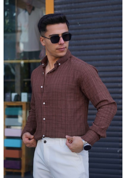 Erkek Slim Düğmeli %100 Pamuk Yazlık Flamalı Keten Gömlek Yüksek
