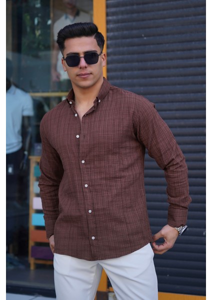 Erkek Slim Düğmeli %100 Pamuk Yazlık Flamalı Keten Gömlek Yüksek modelleri