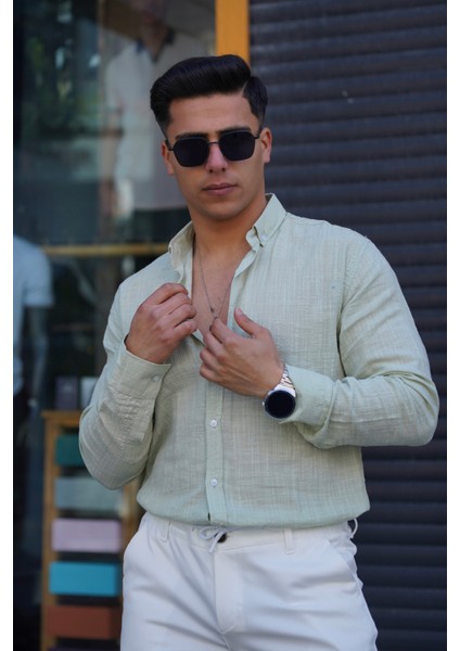 Erkek Slim Düğmeli %100 Pamuk Yazlık Flamalı Keten Gömlek Yüksek