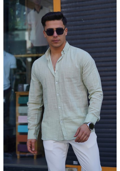 Erkek Slim Düğmeli %100 Pamuk Yazlık Flamalı Keten Gömlek Yüksek fiyatları