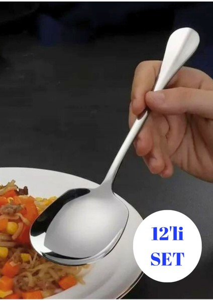 12 adet paslanmaz çelik servis kaşığı, 21 cm, şık ve dayanıklı sunum seti