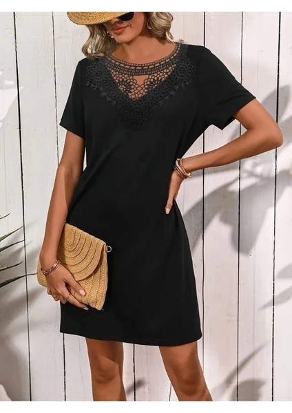 Kadın Kısa Kollu Dantel Yakalı Kısa Viskon Elbise