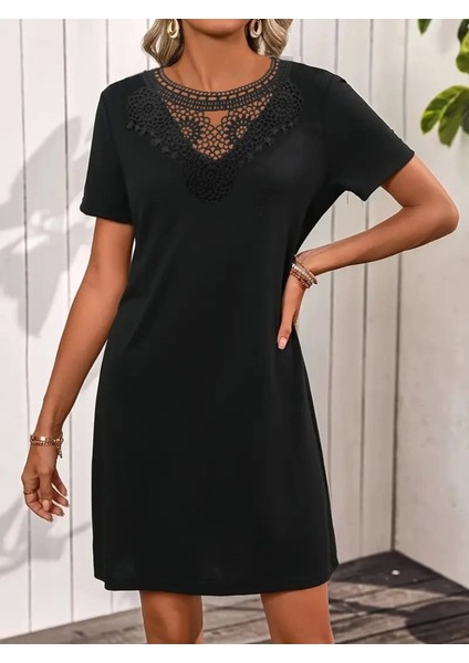 Kadın Kısa Kollu Dantel Yakalı Kısa Viskon Elbise modelleri