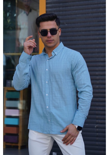 Erkek Slim Düğmeli %100 Pamuk Yazlık Flamalı Keten Gömlek Yüksek