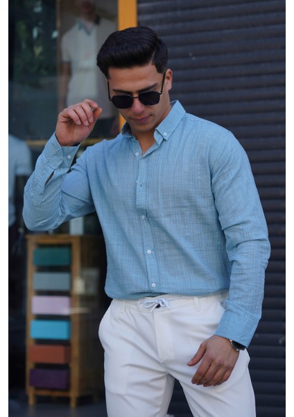 Erkek Slim Düğmeli %100 Pamuk Yazlık Flamalı Keten Gömlek Yüksek modelleri