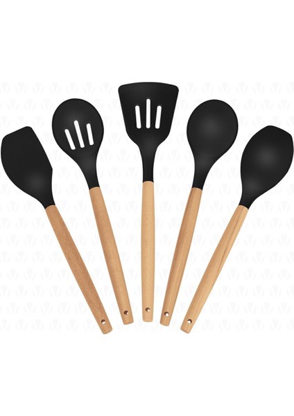 Bambu Saplı 5 Parça Silikon Mutfak Seti, BPA Free, Siyah Renkli