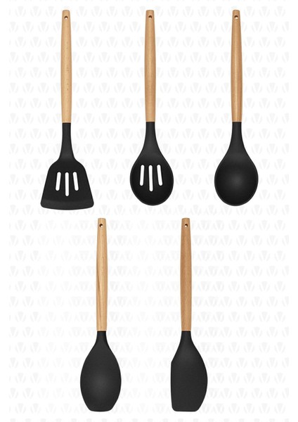 Bambu Saplı 5 Parça Silikon Mutfak Seti, BPA Free, Siyah Renkli
