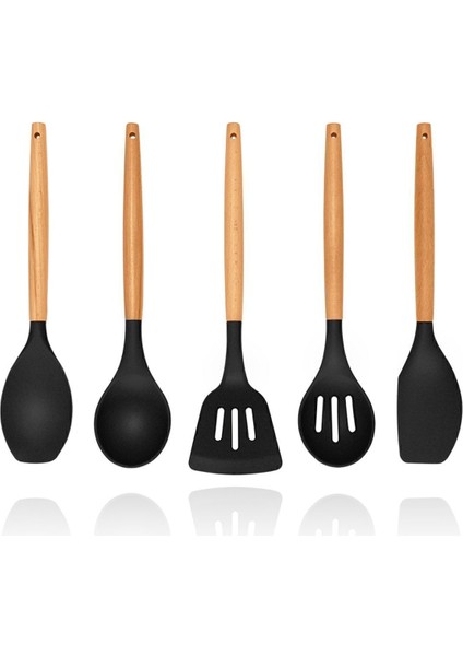 Bambu Saplı 5 Parça Silikon Mutfak Seti, BPA Free, Siyah Renkli