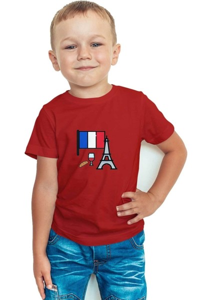 Fransa Baskılı Bisiklet Yaka Çocuk Tişörtü BLL3095