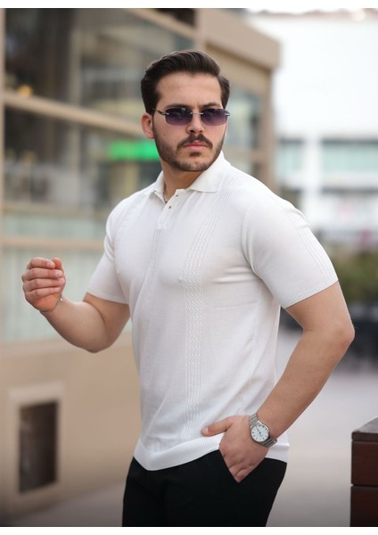 Erkek Çizgi Detaylı Fermuarlı Polyemid Triko T-Shirt Terletme Yapmaz Likralı