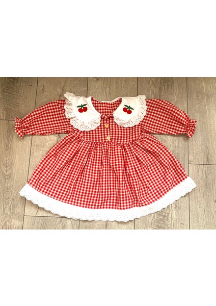 Kız Çocuk Bebek Kırmızı Beyaz Pötikareli Yakası Kiraz Nakışlı Eteği Fistolu Fırfırlı Elbise