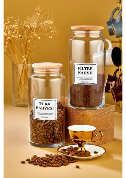 2'li Ahşap Kapaklı Filtre Kahve & Türk Kahvesi Saklama Kabı 1300 ml Cam Kavanoz