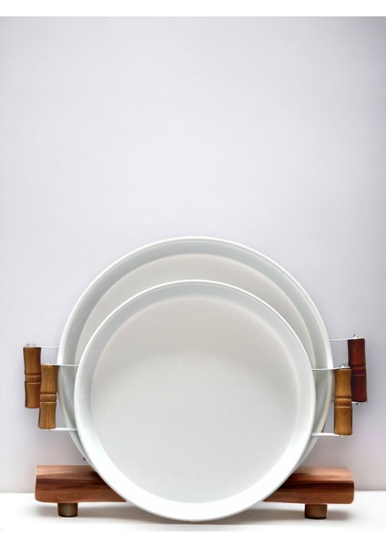 İki Parça Beyaz Ahşap Kulplu Sunum Tepsisi, 30 ve 37 cm, şık ve kullanışlı set